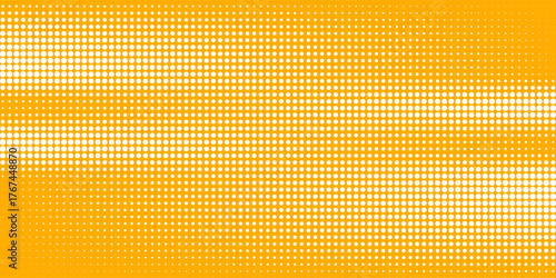 Yellow orange halftone pattern. Retro comic gradient background. Square pixilated dot cartoon texture. Pop art faded gradient pattern. Vector backdrop.