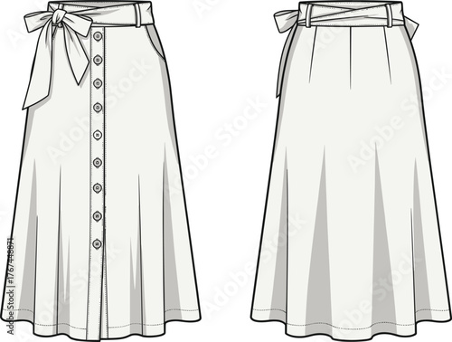 Women’s long skirt fashion illustration, technical flat sketch, front and back view, high waist, bow waistband, button closure, side pockets, pleated design