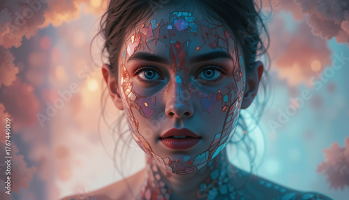 Young woman with artistic face paint featuring colorful mosaic patterns, surrounded by soft glowing lights, creating an ethereal atmosphere of beauty and creativity