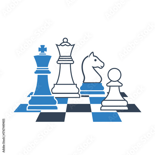 Chess pieces on a chessboard, including a king, queen, knight, and pawn.