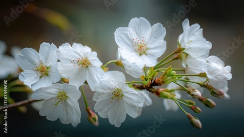Close-up of a delicate cherry blossom branch with white petals and green buds in spring