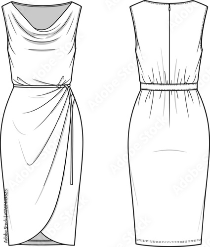 Women’s sleeveless cowl neck dress, tulip skirt wrap style, fashion flat sketch, technical clothing design, apparel template, garment vector illustration, sewing pattern