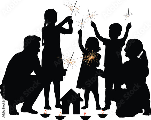 Silhouette of Family Playing with Sparklers Together Celebration Festival Happiness