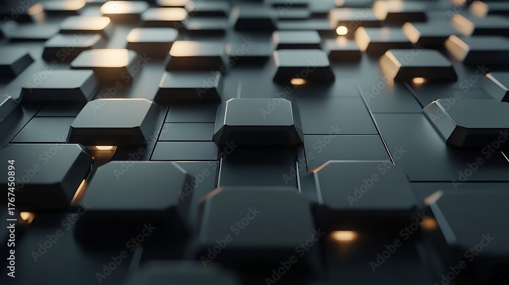 Obraz premium Dark gray abstract cube array with glowing light reflections, geometric futuristic texture