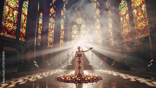woman prays inside cathedral, female worshipper in sacred space, solo woman engaging in spiritual ritual, woman inside cathedral performing sacred ceremonial ritual