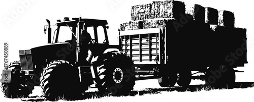 Silhouette of Tractor with Hay Bale Trailer on Farm Field Countryside Transport Vehicle