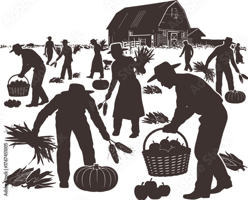 Silhouette Farmers Harvesting Crop in Agricultural Field with Barn Background