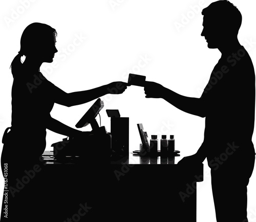 Silhouette Customer Makes a Purchase at Store Counter Using Card Payment Method