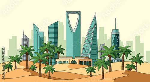 Saudi Arabian Cityscape Vector Illustration of Skyscrapers and Palm Trees in a Desert Landscape