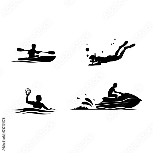 People enjoying extreme water sports silhouettes vector illustration.