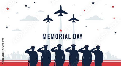 Patriotic memorial day graphic with saluting soldiers and aircraft flyover for remembrance