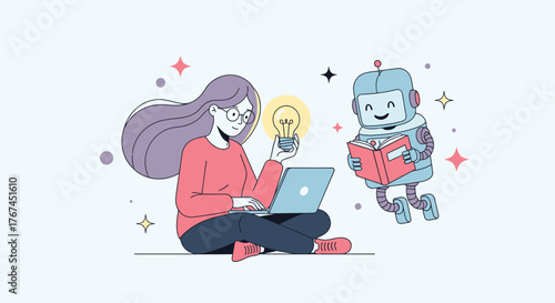 Creative collaboration between a girl and a robot, blending human insight with technological