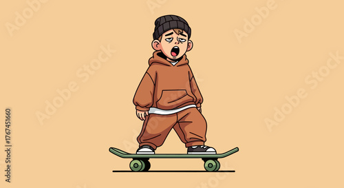 Cartoon illustration of a sleepy young skateboarder in stylish outfit cruising slowly