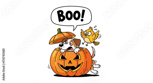 Whimsical Halloween Surprise: A Puppy Pops Out of a Pumpkin to Spook a Frightened Bird