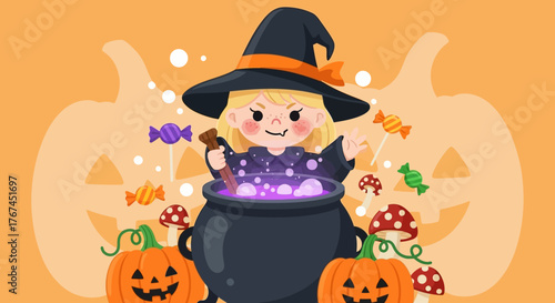 Charming cartoon witch brewing a bubbling potion amidst pumpkins and candies for halloween