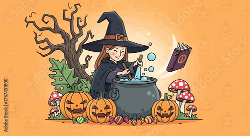 Enchanting halloween illustration: a cute witch brews a potion, conjuring spooky holiday magic and