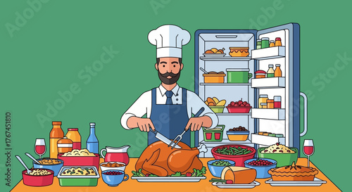 Chef preparing a lavish Thanksgiving feast with fully stocked fridge illustration