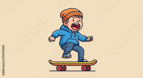 Cartoon depiction of a spirited boy skateboarding with an enthusiastic expression showcased