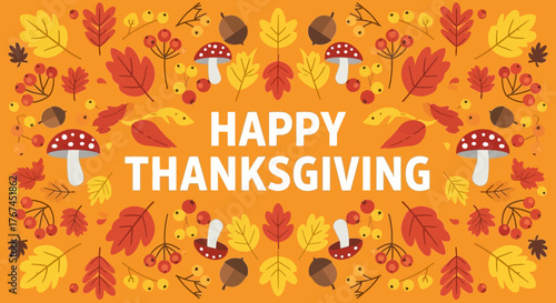 Whimsical thanksgiving design with autumnal foliage and mushrooms for seasonal greetings