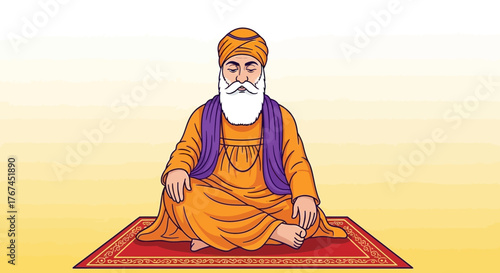 Guru Nanak Dev Ji in Meditation, Illustrated Religious Figure With Spiritual Significance and