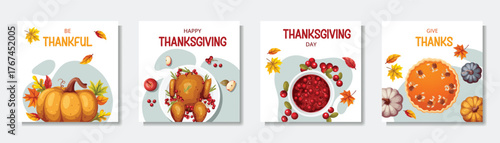 Thanksgiving greeting cards set . Vector illustration. Celebration quotes Happy Thanksgiving for postcards.