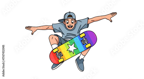 Cartoon illustration of a teenager skateboarding with a colorful board in mid-air pose