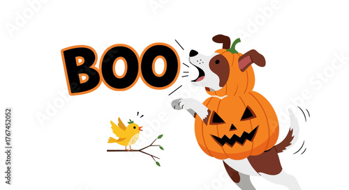Spooky canine serenade, a playful halloween scene featuring a pumpkin dressed dog surprising a