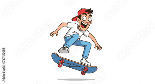 Enthusiastic cartoon character performing a skateboard trick with animated style and a smile on