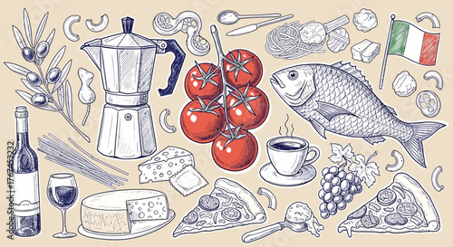 Charming sketched illustration showcasing Italian culinary icons and gastronomic elements
