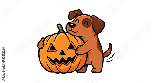 Adorable puppy playfully embraces a grinning jack o lantern embodying the spirit of halloween