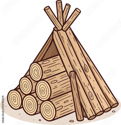 Hand-drawn Wood Log Stack for Campfire