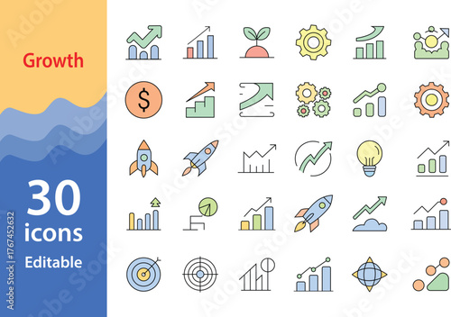 Growth Icon Set – Business Development, Success, and Progress Outline Vector Icons