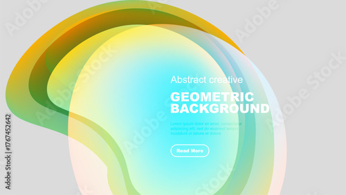 Abstract colorful shapes overlap. Gradient hues create modern design. Text promotes further exploration. Simple, clean aesthetic.