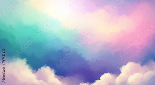 Vibrant Watercolor Clouds Dreamy Pastel Sky with Soft Light and Rainbow Hues. A Calm, Serene Watercolor Cloudscape