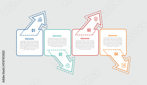 4 elements infographic comparison diagram with box container with arrow up and down on horizontal direction with 4 step for slide presentation