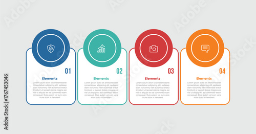 4 elements infographic comparison diagram with vertical box container with big circle badge on top with 4 step for slide presentation