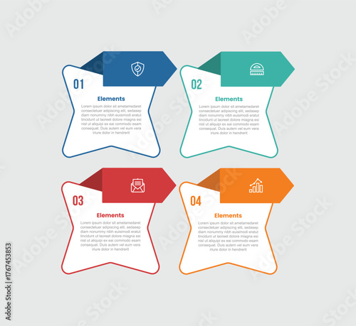 4 elements infographic comparison diagram with round star base shape with ribbon badge on top with 4 step for slide presentation