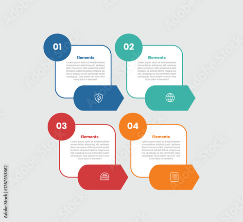 4 elements infographic comparison diagram with round rectangle with circle badge and arrow box on bottom with 4 step for slide presentation