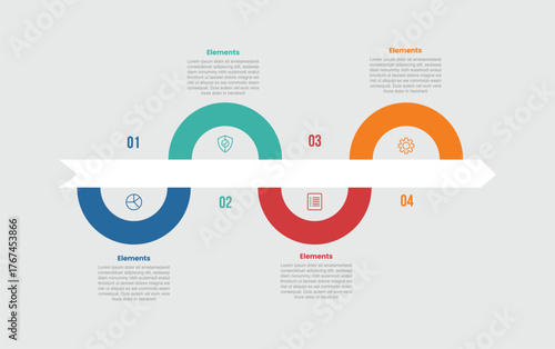 4 elements infographic comparison diagram with half circle outline slice up and down with 4 step for slide presentation