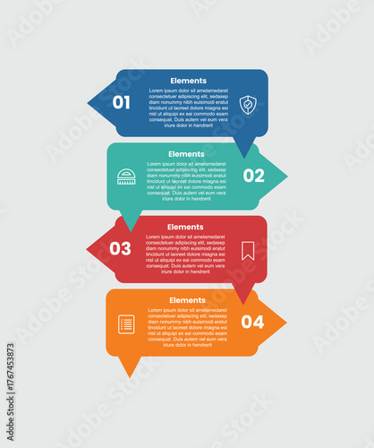 4 elements infographic comparison diagram with long rectangle with arrow and speech bubble on vertical stacked list with 4 step for slide presentation vector