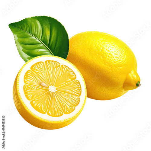 Vibrant lemons; one halved, others whole with a green leaf against a black background