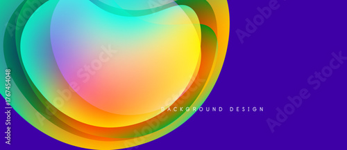 Abstract colorful layers overlap, creating dynamic visual effect. Purple background complements vibrant hues. Modern design element.