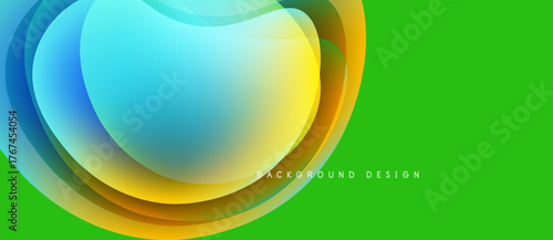 Abstract layers overlap, creating vibrant yellow, blue hues. Green background provides contrast, modern feel. Smooth gradients define shapes.