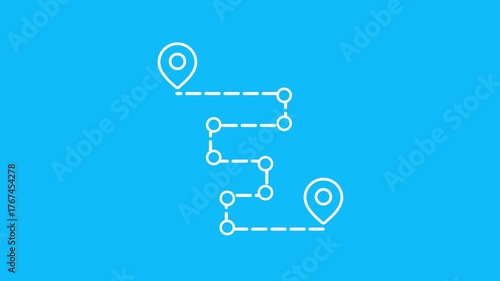 White line art icon of a route with two location pins and connecting dots and dashes on a bright blue background