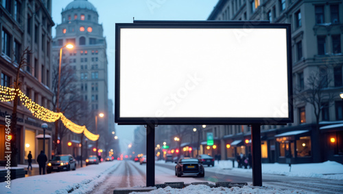 Urban winter night billboard with empty screen for advertising mockup, city lights and snow.
