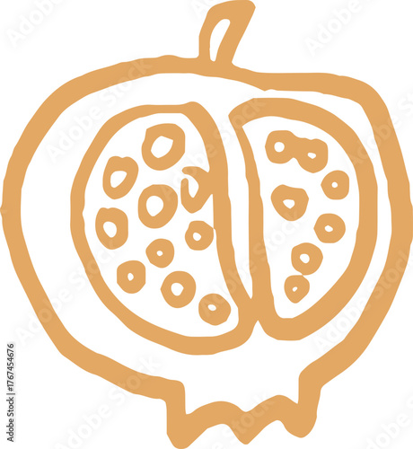 Doodle illustration of a halved pomegranate fruit with seeds