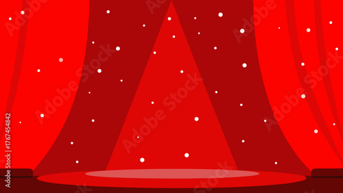 Red stage with curtains and spotlight and white dots illustration