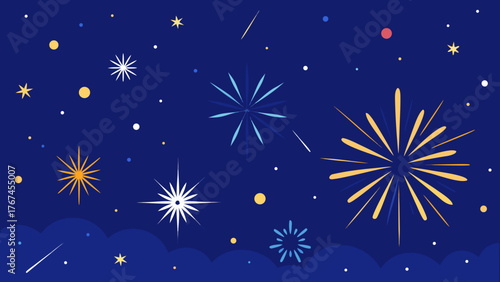 Illustration of fireworks and stars in a dark blue night sky scene