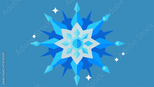 Illustration of a stylized snowflake with sparkles on a blue background