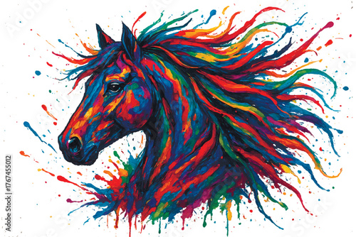 Vibrant energetic vector illustration of a horse head in a watercolor paint splatter graffiti style. Features a mane and body composed of rich, flowing brush strokes in rainbow and neon colors.